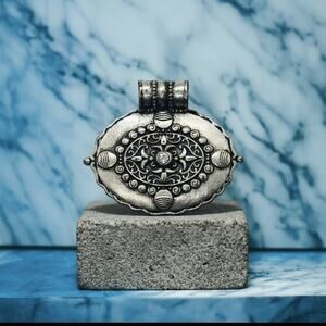 Vintage Large Silver Tone Slide Pendant-Rhinestone-Statement-Boho-Ornate-Chunky